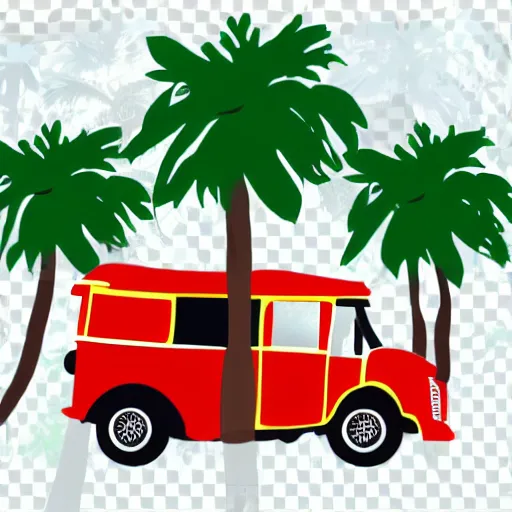 Prompt: stylized vector graphic of a philippines jeepney, palm tree, philippines sun and filipino girl wearing traditional clothes, white background, trending on artstation