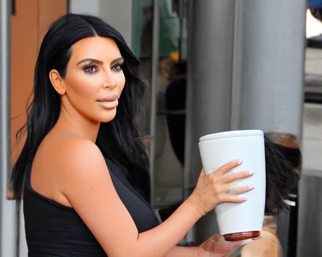 Prompt: Kim Kardashian's head peeking out of a giant espresso cup