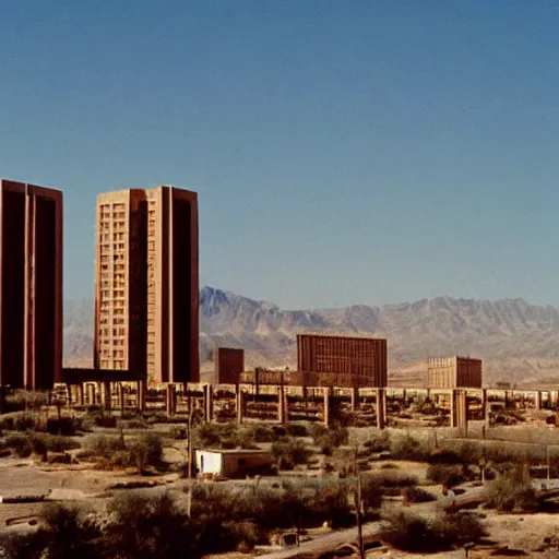 Image similar to 1 9 7 0 s movie still of a empty mammoth stalinist style town with high - rise in the desert, cinestill 8 0 0 t 3 5 mm eastmancolor, heavy grain, high quality, high detailed