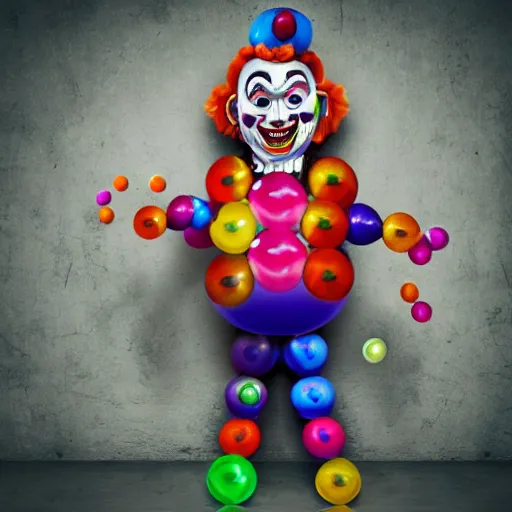 Image similar to creepy clown with colourful marbles and balloons, realistic, 8k, high quality, sharp