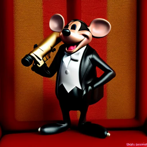 Image similar to 3d anthropomorphic rat, disney pixar, holding tommy gun, velvet, fur coat, high quality, golden necklace, fendi, high fashion