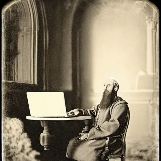 Image similar to Ivan the Terrible in his palace in Moscow working on a MacBook Pro m1, high detail, Polaroid , old photo width 768