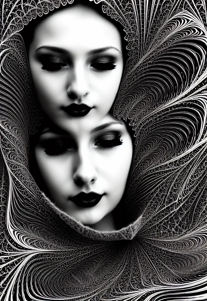 Image similar to young beautiful woman with a partially face covering mask. fractal, mandelbulb, scribble art. black and white, black on black. intricate, elegant, super highly detailed, professional digital painting, smooth, 8k, 3D, beautiful, cinematic. art deco, art nouveau.