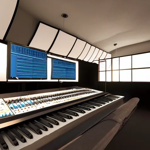 Image similar to Virtual Reality music studio Ableton Live theme concept, raytracing, highly detailed, futuristic, unreal engine 5, photoscan