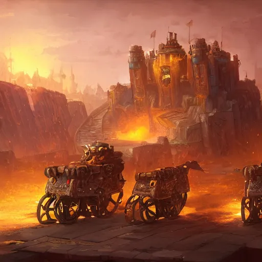 Prompt: a golden siege tower chariots, yellow magic theme, bright art masterpiece artstation. 8 k, sharp high quality artwork in style of jose daniel cabrera pena and greg rutkowski, concept art by tooth wu, blizzard warcraft artwork, hearthstone card game artwork, cart wheels