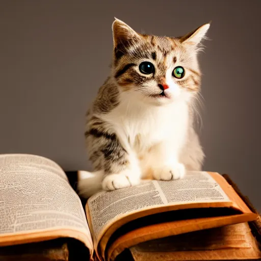 Prompt: award winning photograph of super adorable cat standing in front an open Bible, studio lighting, studio photography