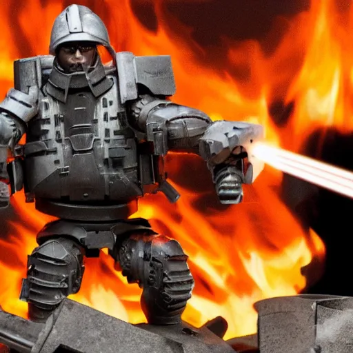 Image similar to angry man in juggernaut armor burning a desktop tower pc with a military flamethrower
