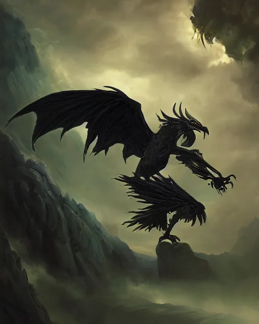 Image similar to oil painting of a Anthropomorphized raven shaman fusing with dragon, spirit of green dragon behind in the clouds, sharp focus, heroic pose, fantasy style, octane render, volumetric lighting, 8k high definition, by greg rutkowski, highly detailed, trending on art Station, magic the gathering artwork, Woodland background, centered
