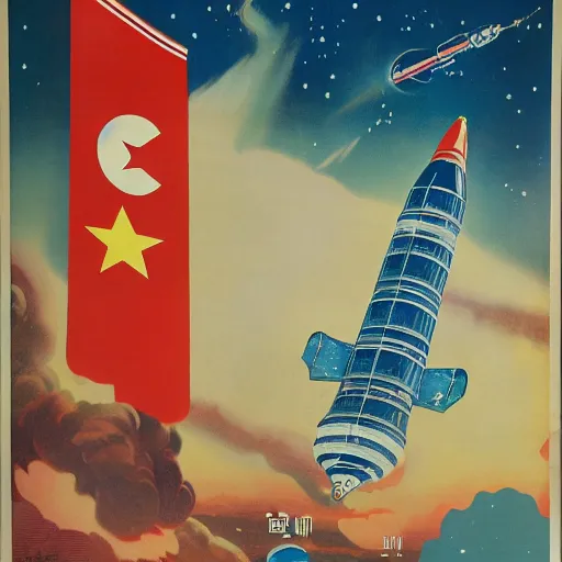 Image similar to [North Korean space mission, 1950 poster, very detailed, cinematic lighting, matte, sharp, photography]