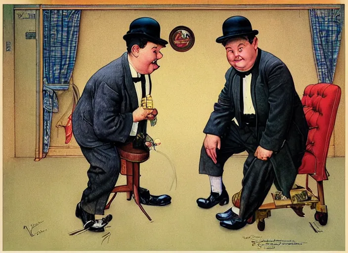 Image similar to “ portrait of laurel and hardy, by norman rockwell and robert crumb, coloured ”