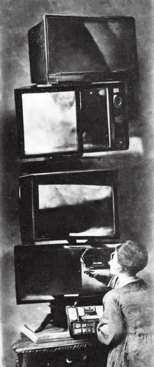 Image similar to 1 9 0 0 s photo of a person watching a flat screen hd tv