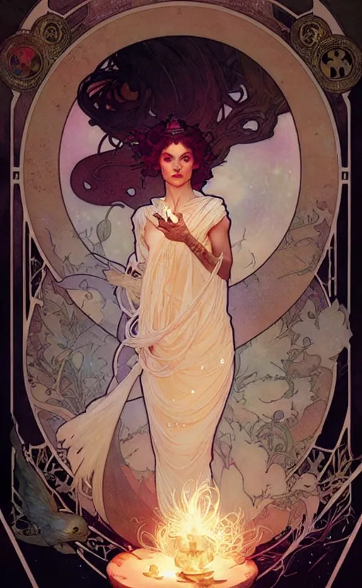 Image similar to magical witch gorgeous lighting by weta studio, mucha, bautista and norman rockwell and greg rutkowski and tom bagshaw and james gurney and lucasfilm