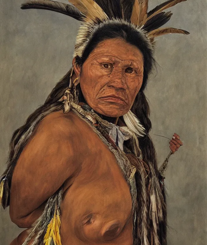 Prompt: indigenous woman hunting, painted by lucian freud, hd, super detailed, realistic, muted colors