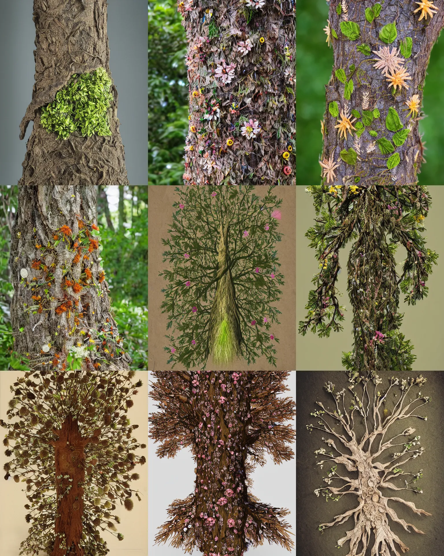 Prompt: humanoid tree, leaf hair, bark skin, covered in flowers