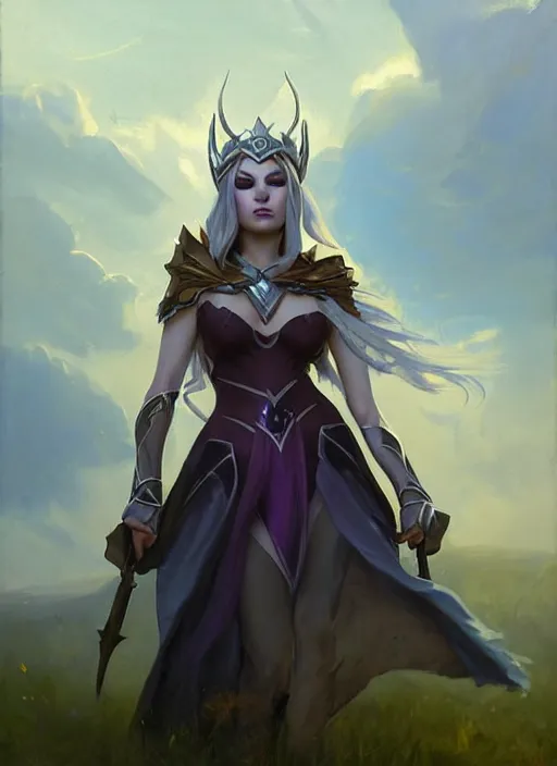 Prompt: portrait of mage Syndra from League of Legends, countryside, calm, fantasy character portrait, dynamic pose, above view, sunny day, thunder clouds in the sky, artwork by Jeremy Lipkin and Giuseppe Dangelico Pino and Michael Garmash and Rob Rey, very coherent asymmetrical artwork, sharp edges, perfect face, simple form, 100mm