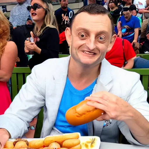 Image similar to Tim Robinson biting his hand instead of the hot dog in his hand