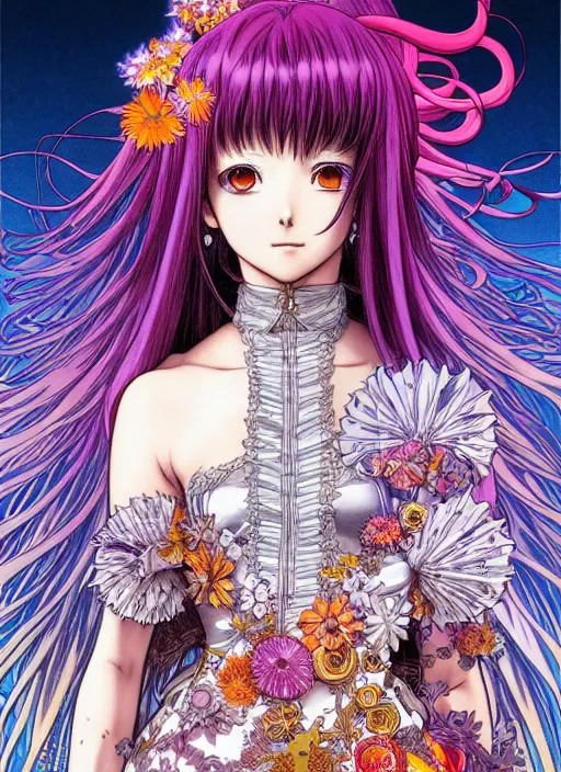 Image similar to highly detailed terada katsuya minaba hideo artstation anime poster of girl mechine, long hair, armor, dress, laces, ruffles, 8 k, rainbow gradient bloom, maximalist, takeshi obata, artgerm, alphonse mucha