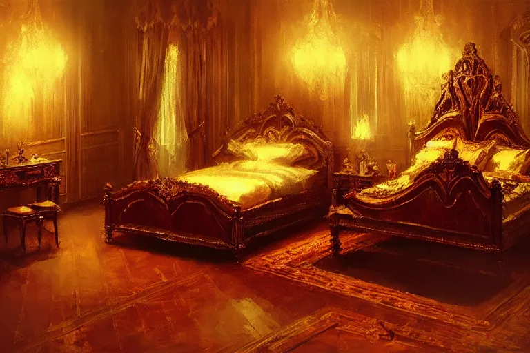 Prompt: an ornate victorian bedroom at night. 1 8 9 0, key visual, conceptart, dimmed ambient lighting, highly detailed, digital painting, artstation, concept art, sharp focus, by makoto shinkai and akihiko yoshida and greg manchess