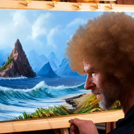 Image similar to a closeup photorealistic photograph of bob ross working on a canvas painting of aquaman. film still. brightly lit scene. mountains and trees. this 4 k hd image is trending on artstation, featured on behance, well - rendered, extra crisp, features intricate detail, epic composition and the style of unreal engine.