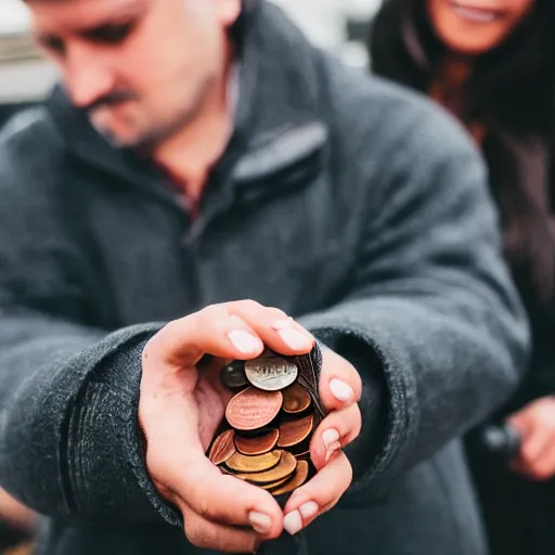 Image similar to photograph of man tossing a penny, wife in background, DSLR Photograph