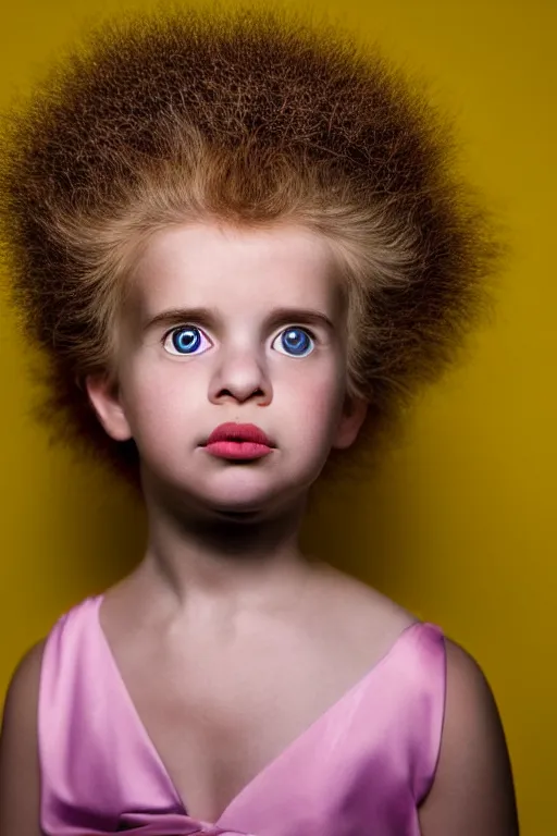 Image similar to studio portrait of girl that looks excactly like lisa simpson, lookalike, as if lisa simpson came to life, soft light, black background, fine details, close - up, award winning photo by martin schoeller