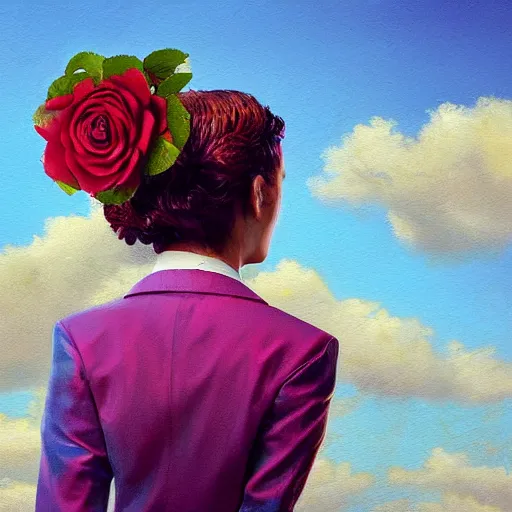 Prompt: closeup, large rose flower head, portrait, girl in a suit, surreal photography, sunrise, blue sky, dramatic light, impressionist painting, digital painting, artstation, simon stalenhag