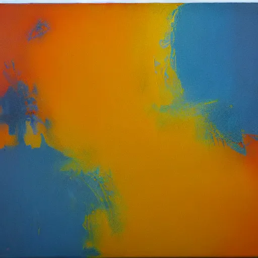 Image similar to orange, yellow, blue, abstract emulsion, oil on canvas