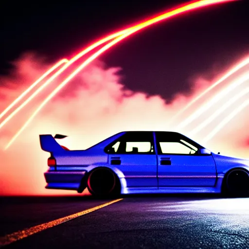 Image similar to a car JZX90 turbo drift at illegal car meet, Saitama prefecture, city midnight mist lights, cinematic color, photorealistic, highly detailed wheels, 50MM