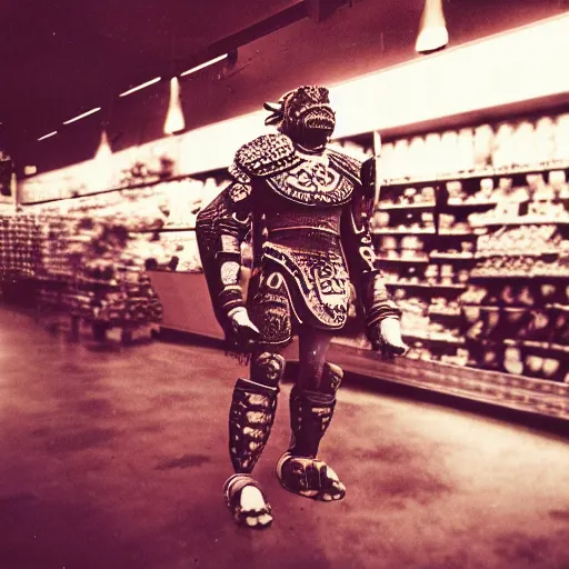 Prompt: low angle vintage photograph of a futuristic mayan jaguar warrior inside a grocery store, shallow depth of field, awkward, out of place, polaroid 6 0 0 color