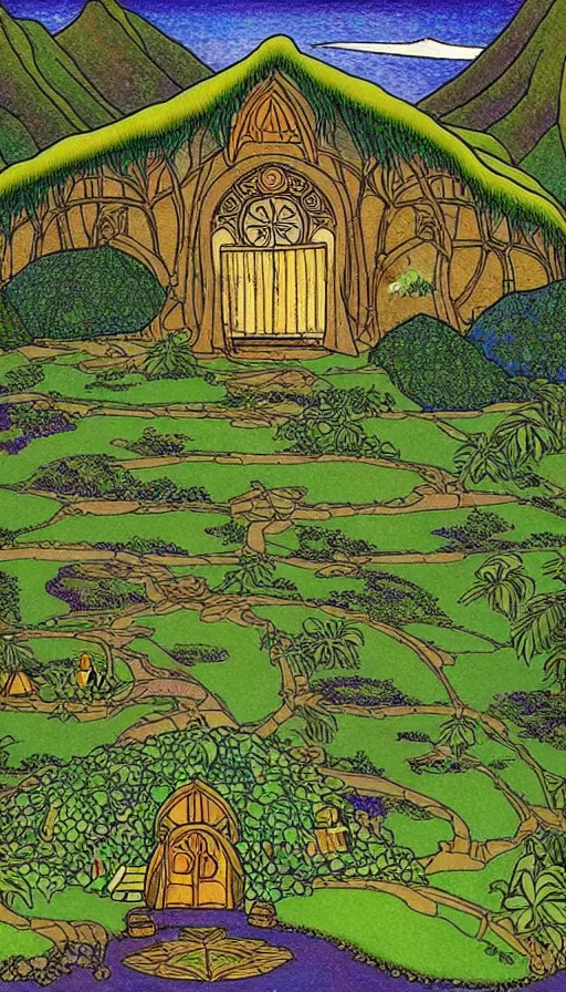 Prompt: hobbit monastery on hawaii, solarpunk, permaculture, by ivan bilibin,