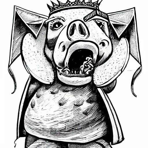 Image similar to pig posing with crown from the Dungeons and Dragons Monster Manual, line art illustration, 1981, high detail