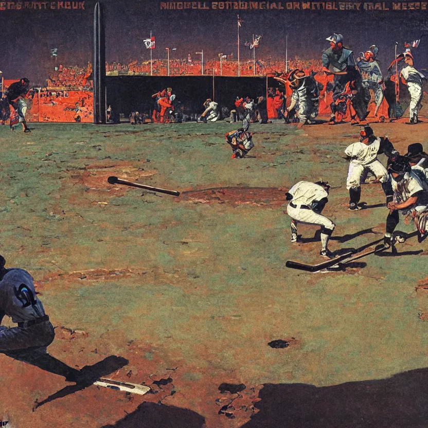 Image similar to a baseball field with an ancient monolith with glowing runes. highly detailed painting by norman rockwell and syd mead. rich colors, high contrast, gloomy atmosphere, dark background.