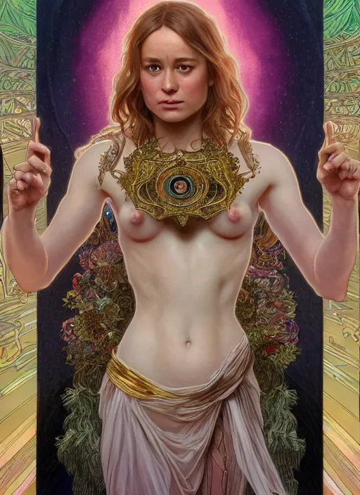 Image similar to Brie Larson as God of Beauty, cute, fantasy, intricate, elegant, highly detailed, digital painting, 4k, HDR, concept art, smooth, sharp focus, illustration, art by alphonse mucha,artgerm, H R Giger