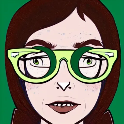 Prompt: woman with freckles, hoop nose ring, wearing glasses, short brown hair, green eyes, wearing a grey hooded sweatshirt, trending on artstation, art by jamie hewlett