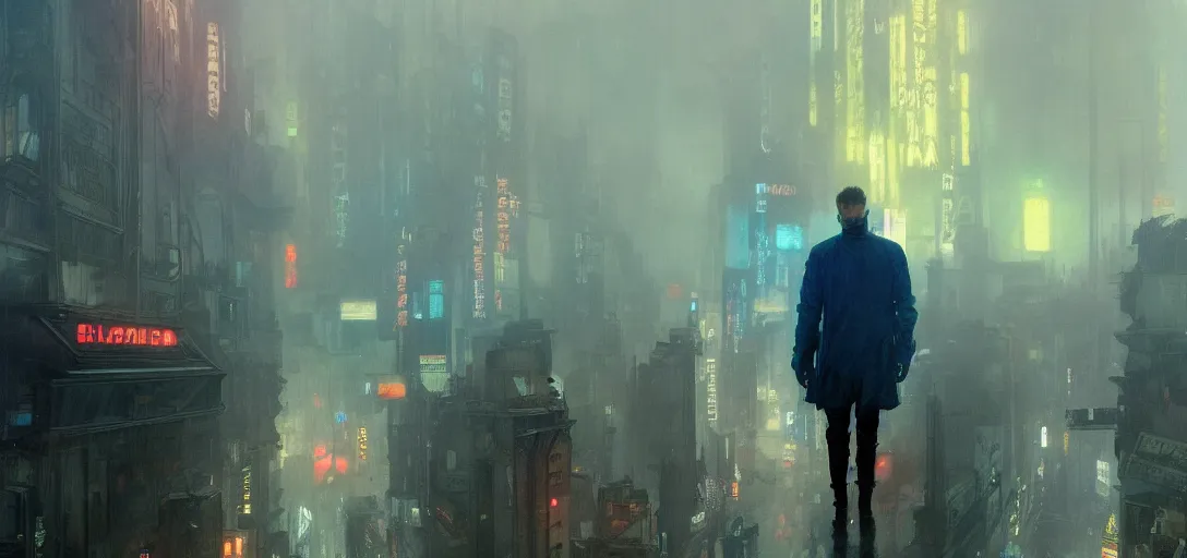 Image similar to 2 0 1 8 blade runner movie still man look at the cityscape from roof perfect face fine realistic face pretty face neon puffy jacket blue futuristic sci - fi elegant by dennis villeneuve tom anders zorn hans dragan bibin thoma greg rutkowski ismail inceoglu illustrated sand storm alphonse mucha