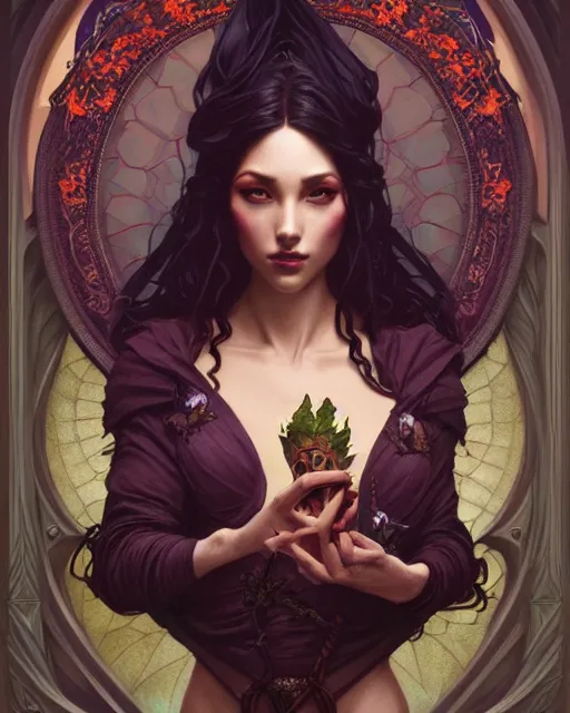 Image similar to beautiful sensual dark queen of the salvia art nouveau, D&D, fantasy, intricate, elegant, highly detailed, digital painting, artstation, concept art, matte, sharp focus, illustration, hearthstone, art by Artgerm and Greg Rutkowski and Alphonse Mucha