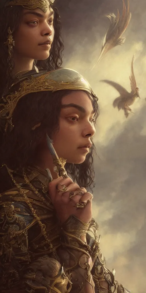 Prompt: tessa thompson, beautiful fantasy maiden, dungeons and dragons, masterpiece by edgar maxence and ross tran and michael whelan, gustav dore, 8 k, octane render