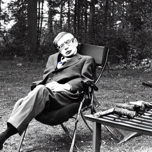 Image similar to stephen hawking next to a campfire, photography,