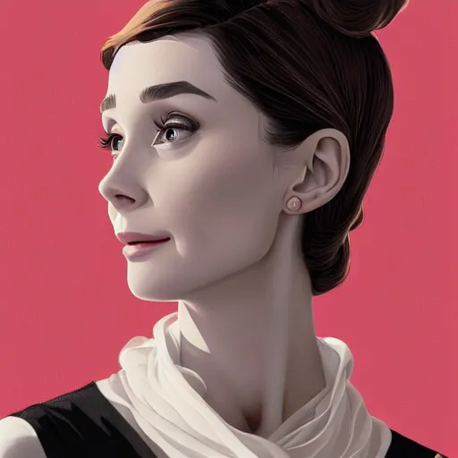 Image similar to portrait of audrey hepburn, highly detailed vfx portrait, unreal engine, sharp focus, smooth, greg rutkowski, loish, rhads, beeple, caspar david friedrich, makoto shinkai and lois van baarle, ilya kuvshinov, rossdraws, elegent, tom bagshaw, alphonse mucha, global illumination, detailed and intricate environment