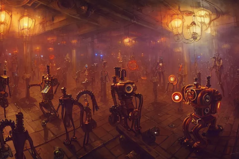 Image similar to steampunk robots expressively dancing on the dance floor by otto dix and greg rutkowski and andreas rocha, cinematic lighting, highly detailed, warm colours, 4 k