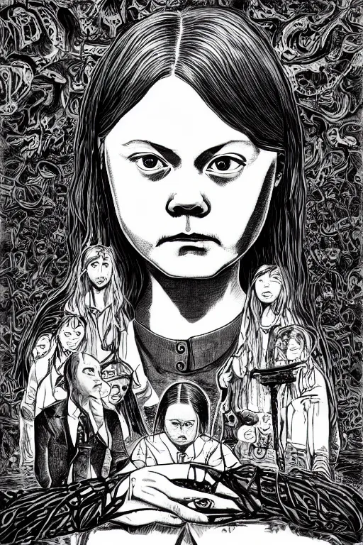 Image similar to greta thunberg evil, horror, dastardly, black and white, art by junji ito, trending on artstation, insanely detailed and intricate, hypermaximalist, elegant