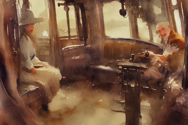 Image similar to small centered on watercolor paper, paint brush strokes, abstract watercolor painting of steam train interior, cinematic light, national romanticism by anders zorn, by hans dahl, by jesper ejsing, by greg rutkowski, by greg manchess, by tyler edlin, by craig mullins