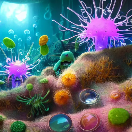 Image similar to tiny spells, vegetation, expressive eyes, floating, rbc, radiolaria, protophyta, micro - organisms, center frame, symmetric, rim light, marine microbiology, bioluminescence, electric, fur, soft, concept art, intricate details, highly detailed, colorful, photorealistic, disney pixar, octane render, iridescent, anime, 8 k