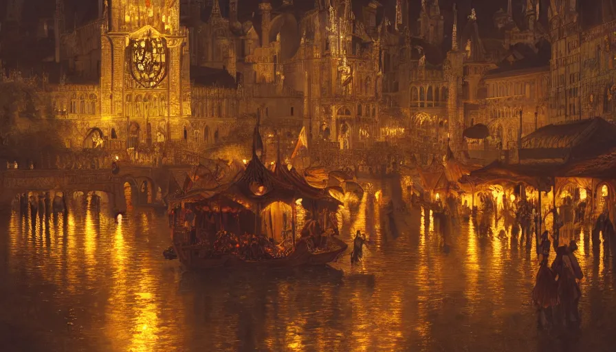 Image similar to medieval city festival near lake at night, beautiful lit lamps, 8 k highly detailed art, intricate, stanley lau, artgerm, artstation, smooth, far shot, wlop, alphonse mucha, cinematic shot, cinematic lighting