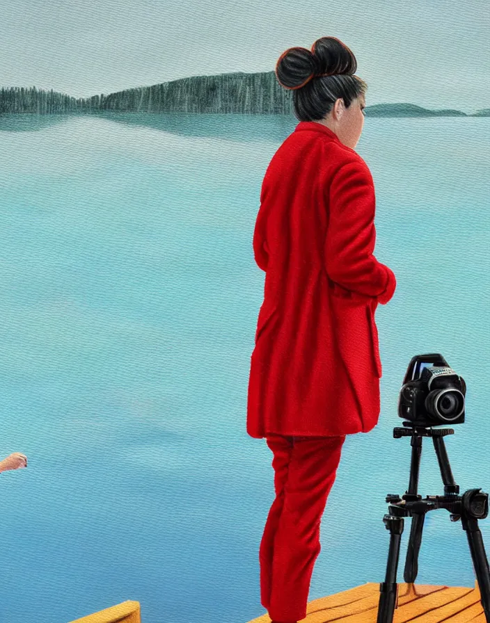 Image similar to wide shot rear view photographer woman hair in a bun long red stripe coat backpack sneakers grasping a nikon dslr camera while looking out over a placid blue lake, a character design painting, in the style of wes anderson, lola dupre, david hockney, isolated on negative white space background dark monochrome fluorescent spraypaint accents volumetric octane render, no double figure