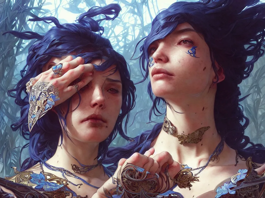 Image similar to crip gang member throwing up gang signs ultra realistic, concept art, intricate details, eerie, highly detailed, photorealistic, 8 k, unreal engine. art by artgerm and greg rutkowski and magali villeneuve and alphonse mucha