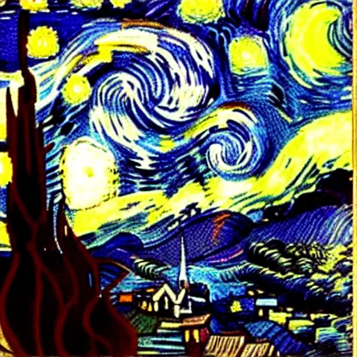 Prompt: starry night painted by leonardo da vinci