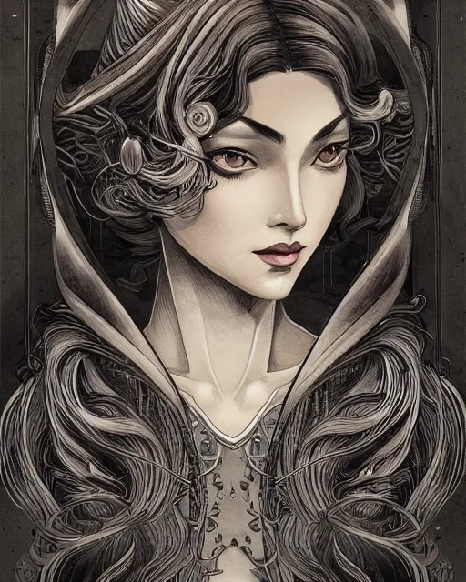 Prompt: portrait of a woman, art deco styl, e beautiful, mesmerizing, concept art, highly detailed, smooth, fantastical, cinematic, intricate linework, detailed and intricate environment, artstation, inspired by monstress, sana takeda