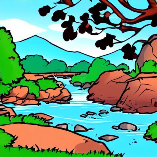 Image similar to a beautiful landscape, river, rocks, trees, cartoon