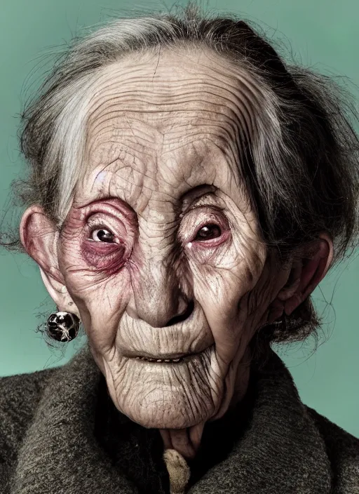 Image similar to an old woman with a weird look on her face, a surrealist painting by Martin Schoeller, shutterstock contest winner, pop surrealism, angelic photograph, stock photo, photoillustration